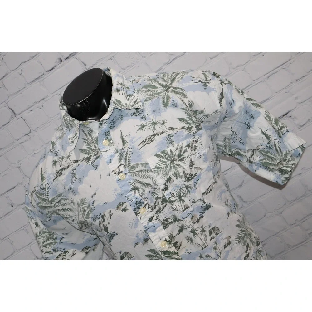 J Crew Button Down Shirt Mens XL Blue Palm Tree Island Print Hawaiian Cotton